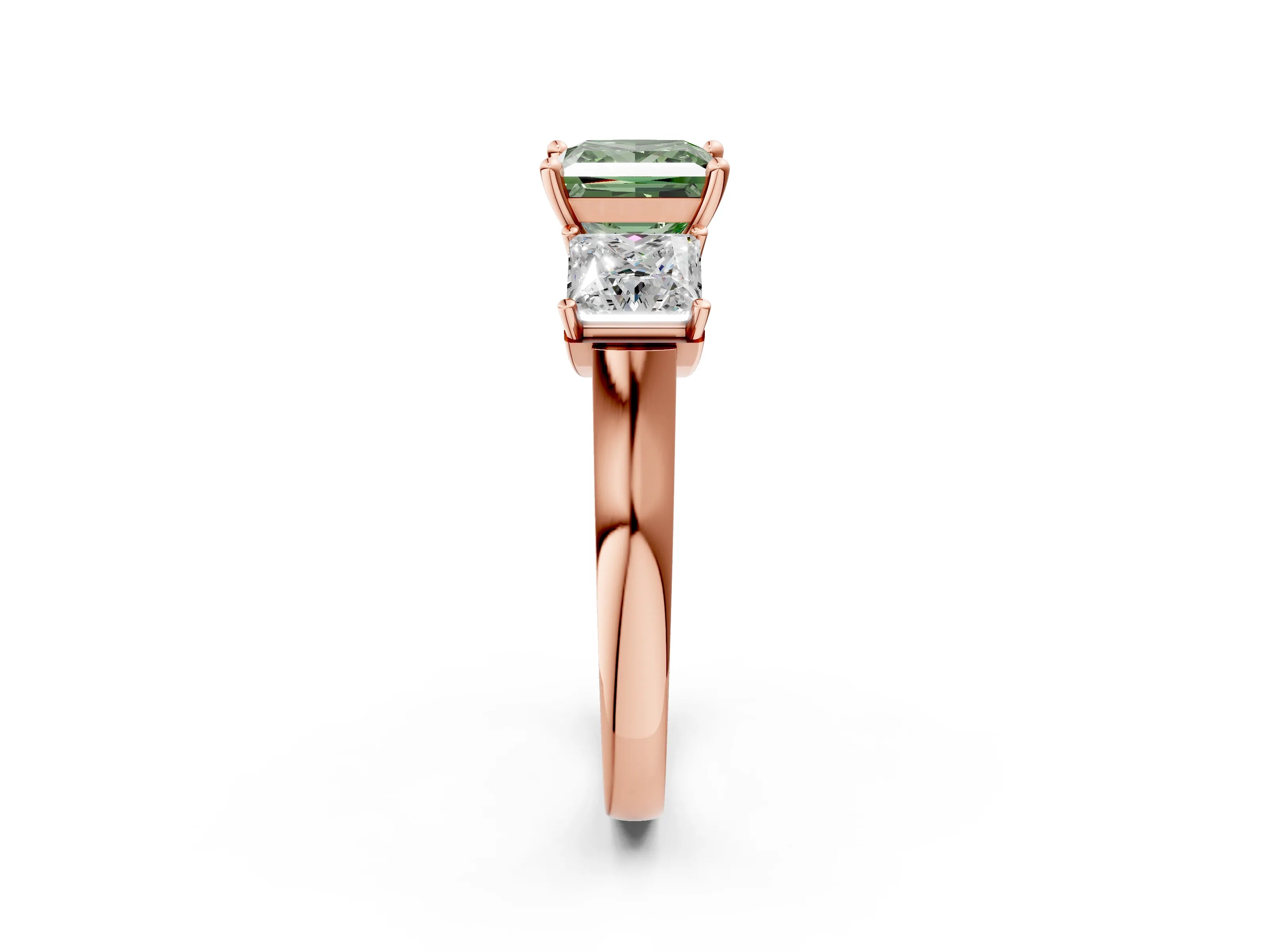 Rose gold Three-Stone Fancy Green Princess Cut Brilliant Diamond Trellis Ring with Comfort Fit Band_2