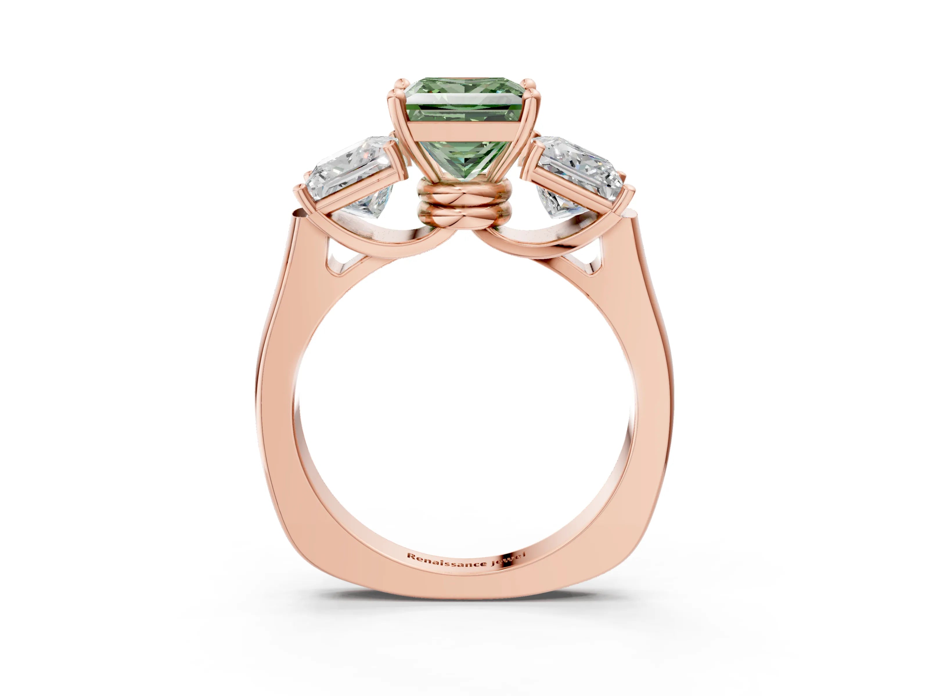 Rose gold Three-Stone Fancy Green Princess Cut Brilliant Diamond Trellis Ring with Comfort Fit Band_3