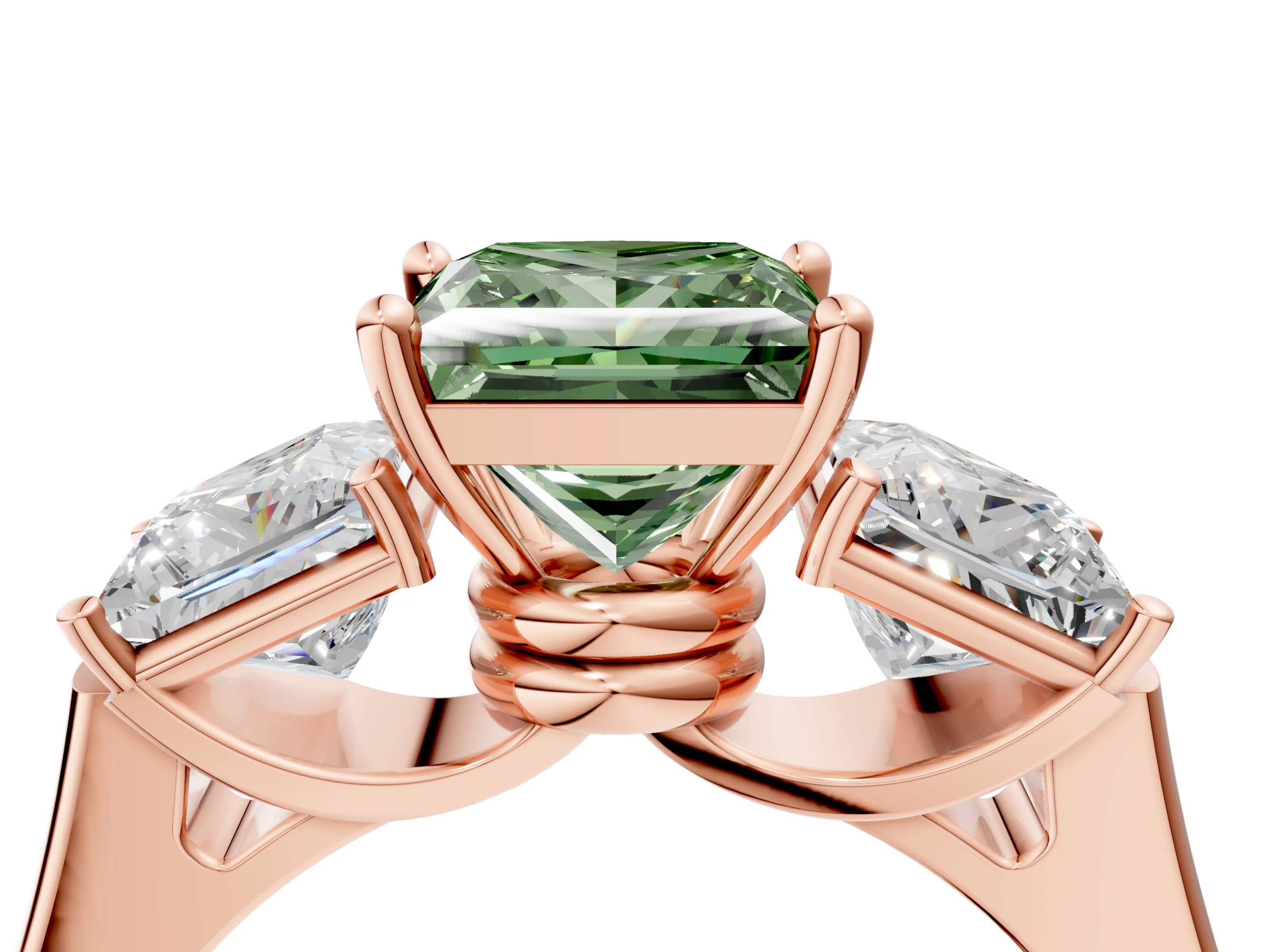 Rose gold Three-Stone Fancy Green Princess Cut Brilliant Diamond Trellis Ring with Comfort Fit Band_4