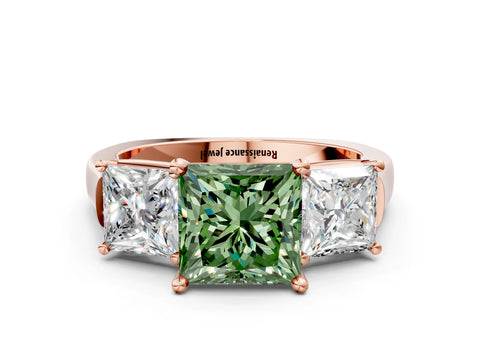 Rose gold Three-Stone Fancy Green Princess Cut Brilliant Diamond Trellis Ring with Comfort Fit Band
