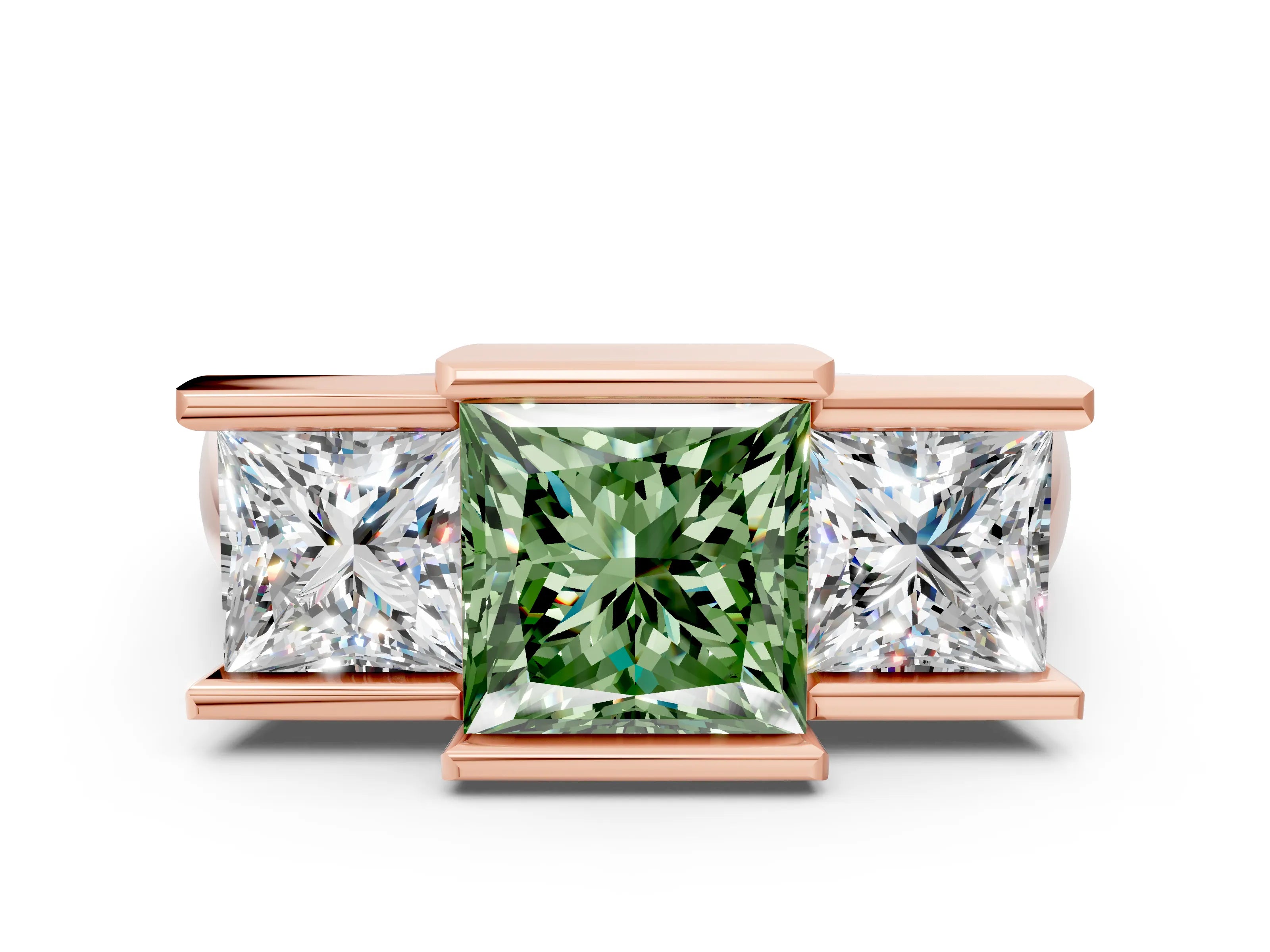 Rose gold Three Stone Fancy Green Princess Cut Cut Channel Set Diamond Ring