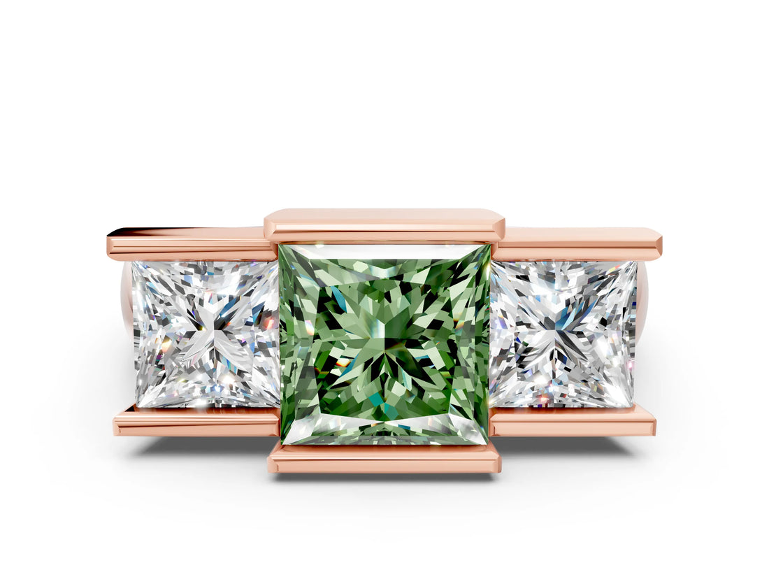 Rose gold Three Stone Fancy Green Princess Cut Cut Channel Set Diamond Ring