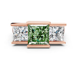 Rose gold Three Stone Fancy Green Princess Cut Cut Channel Set Diamond Ring