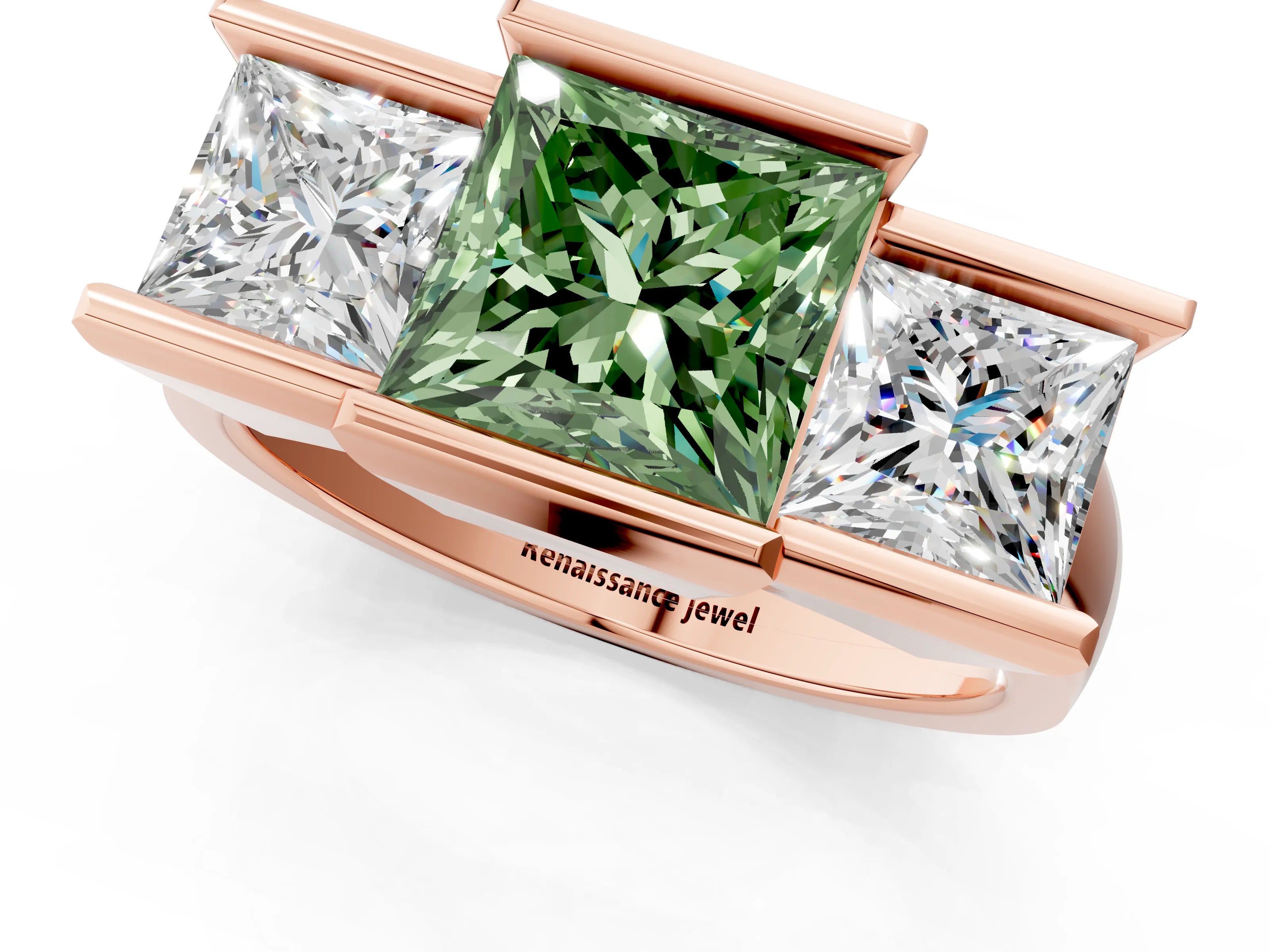 Rose gold Three Stone Fancy Green Princess Cut Cut Channel Set Diamond Ring_1