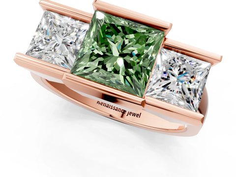 Rose gold Three Stone Fancy Green Princess Cut Cut Channel Set Diamond Ring_1