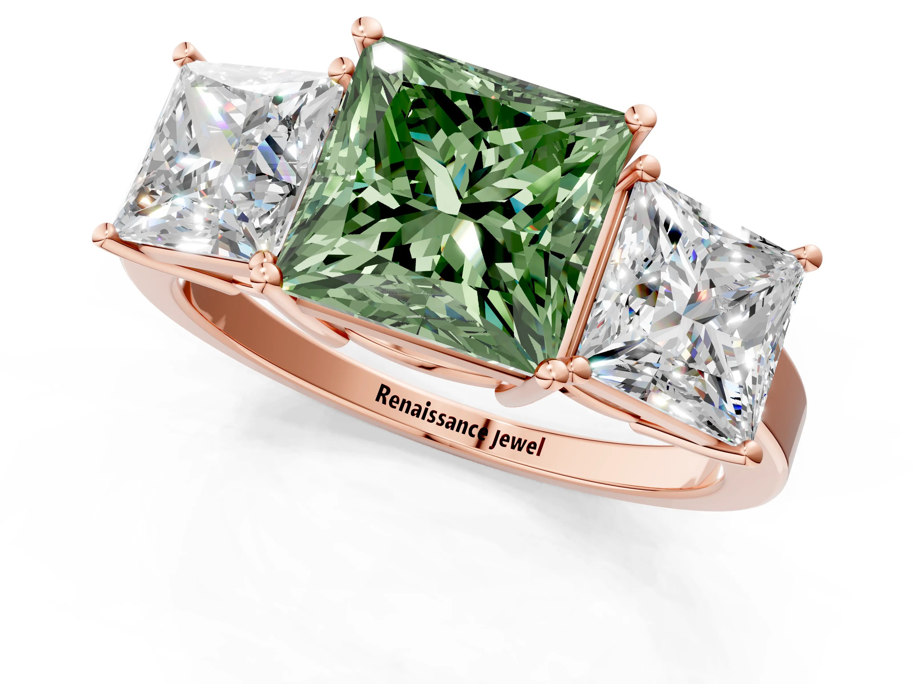 Rose gold Three-Stone Fancy Green Princess Cut Cut Diamond Engagement Ring with Flat Band and Four-Prong Setting_1