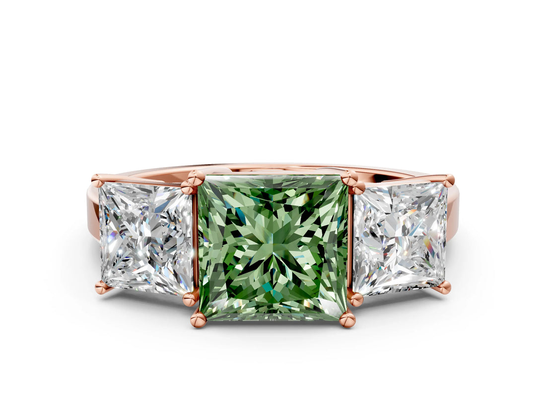 Rose gold Three-Stone Fancy Green Princess Cut Cut Diamond Engagement Ring with Flat Band and Four-Prong Setting_12