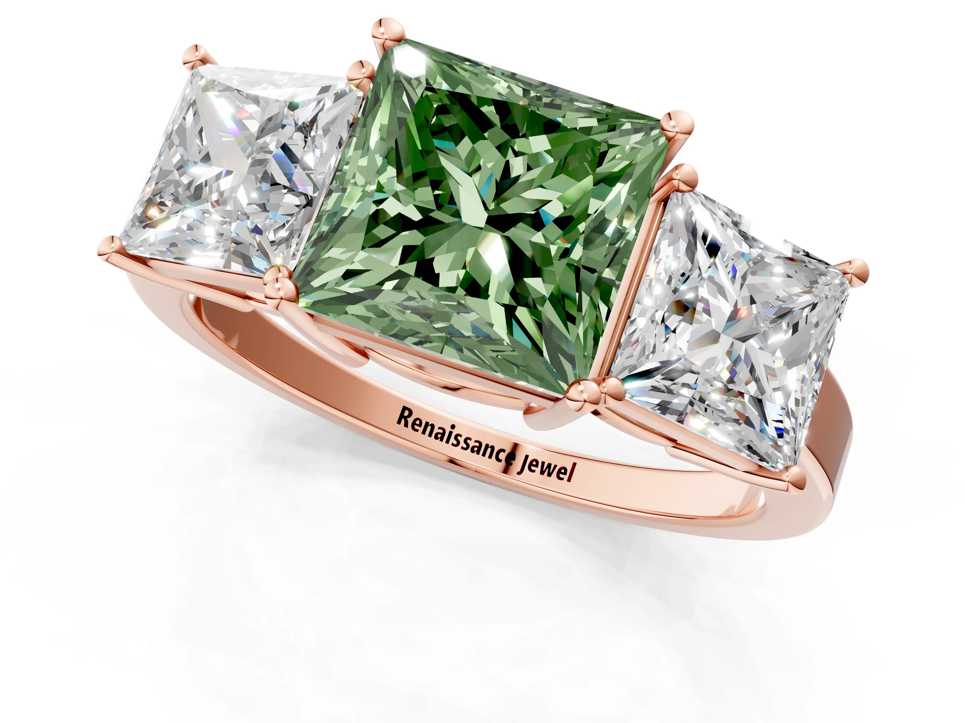 Rose gold Three-Stone Fancy Green Princess Cut Cut Diamond Engagement Ring with Flat Band and Four-Prong Setting_13