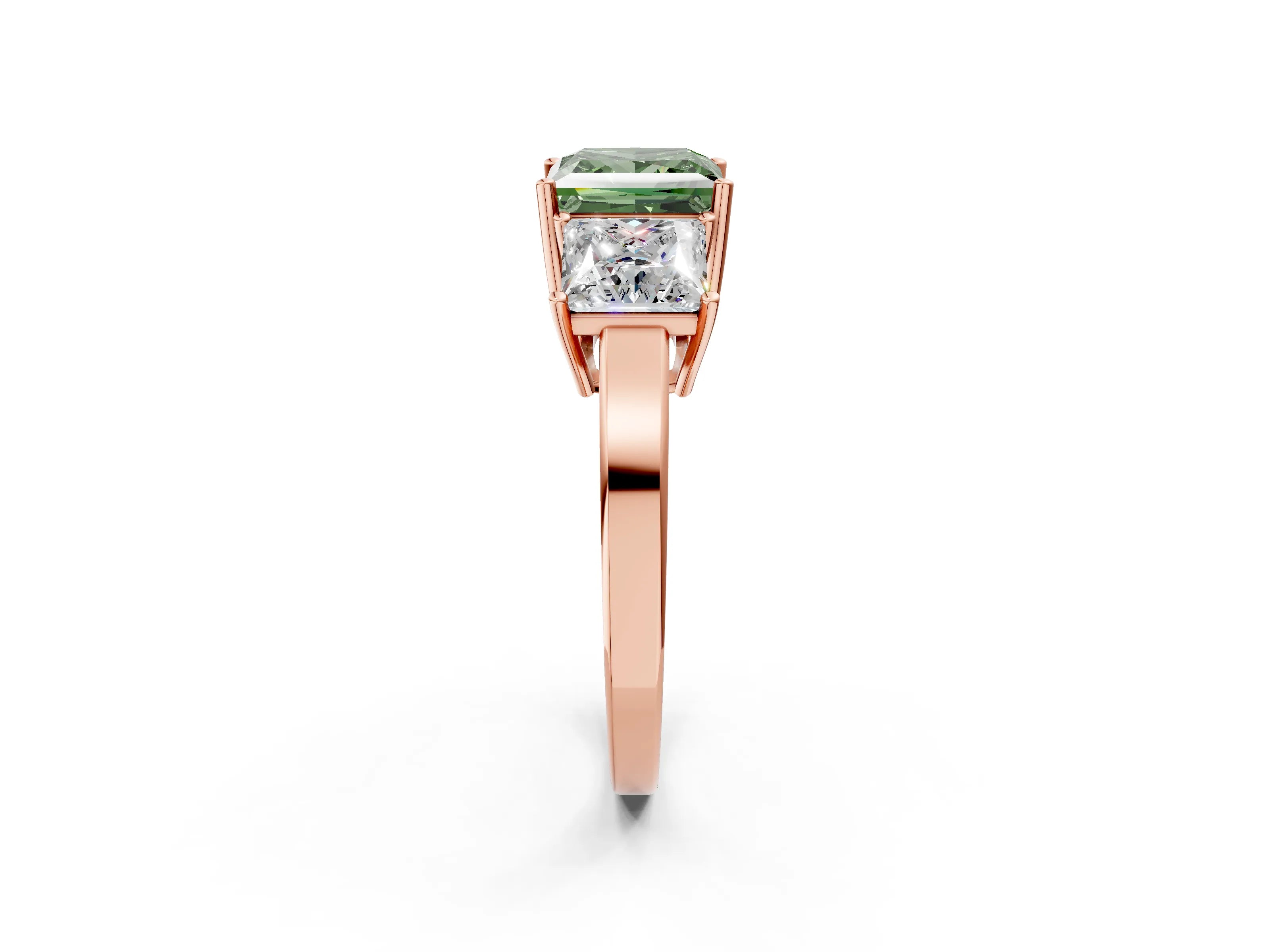 Rose gold Three-Stone Fancy Green Princess Cut Cut Diamond Engagement Ring with Flat Band and Four-Prong Setting_14