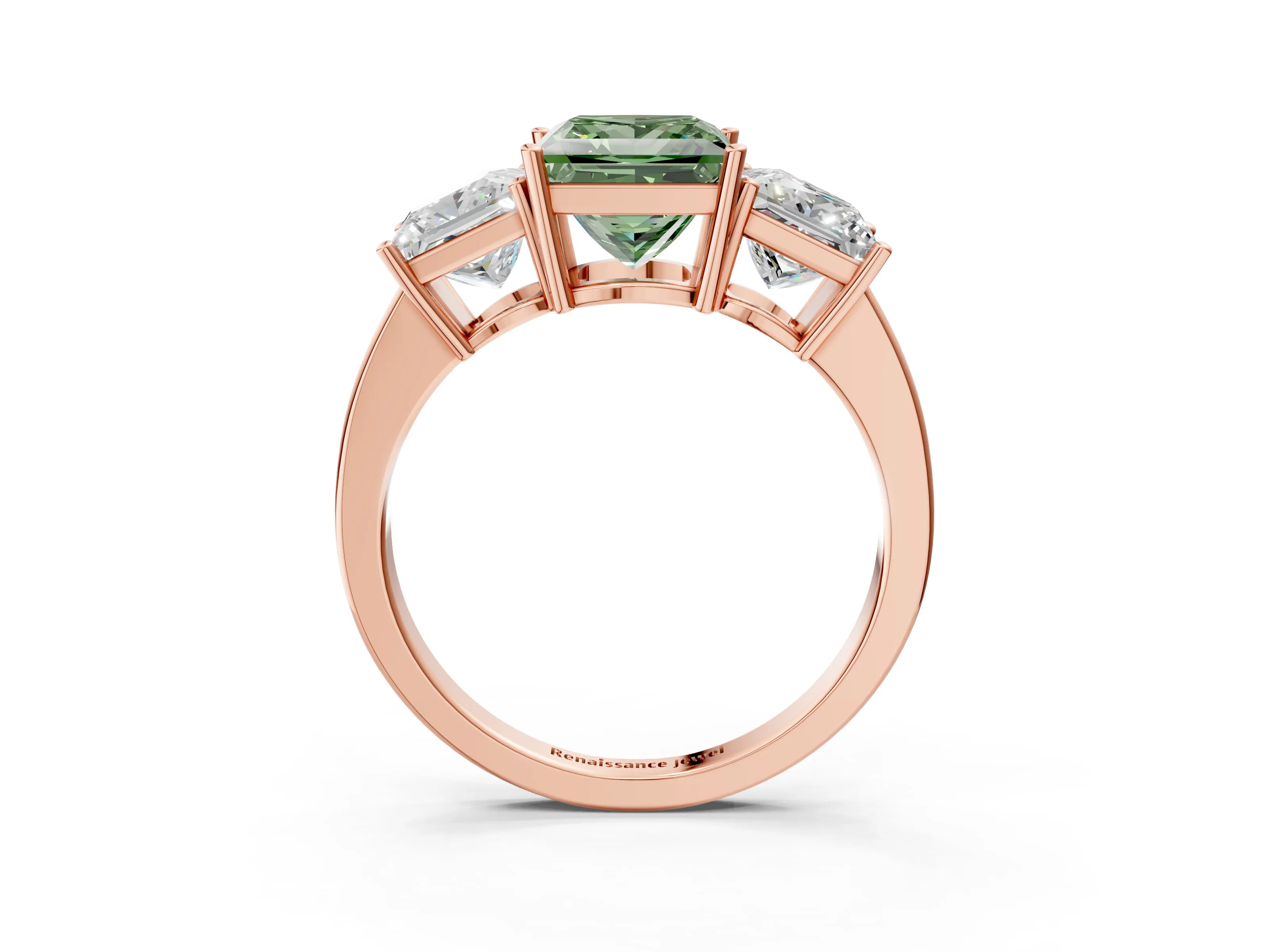 Rose gold Three-Stone Fancy Green Princess Cut Cut Diamond Engagement Ring with Flat Band and Four-Prong Setting_15
