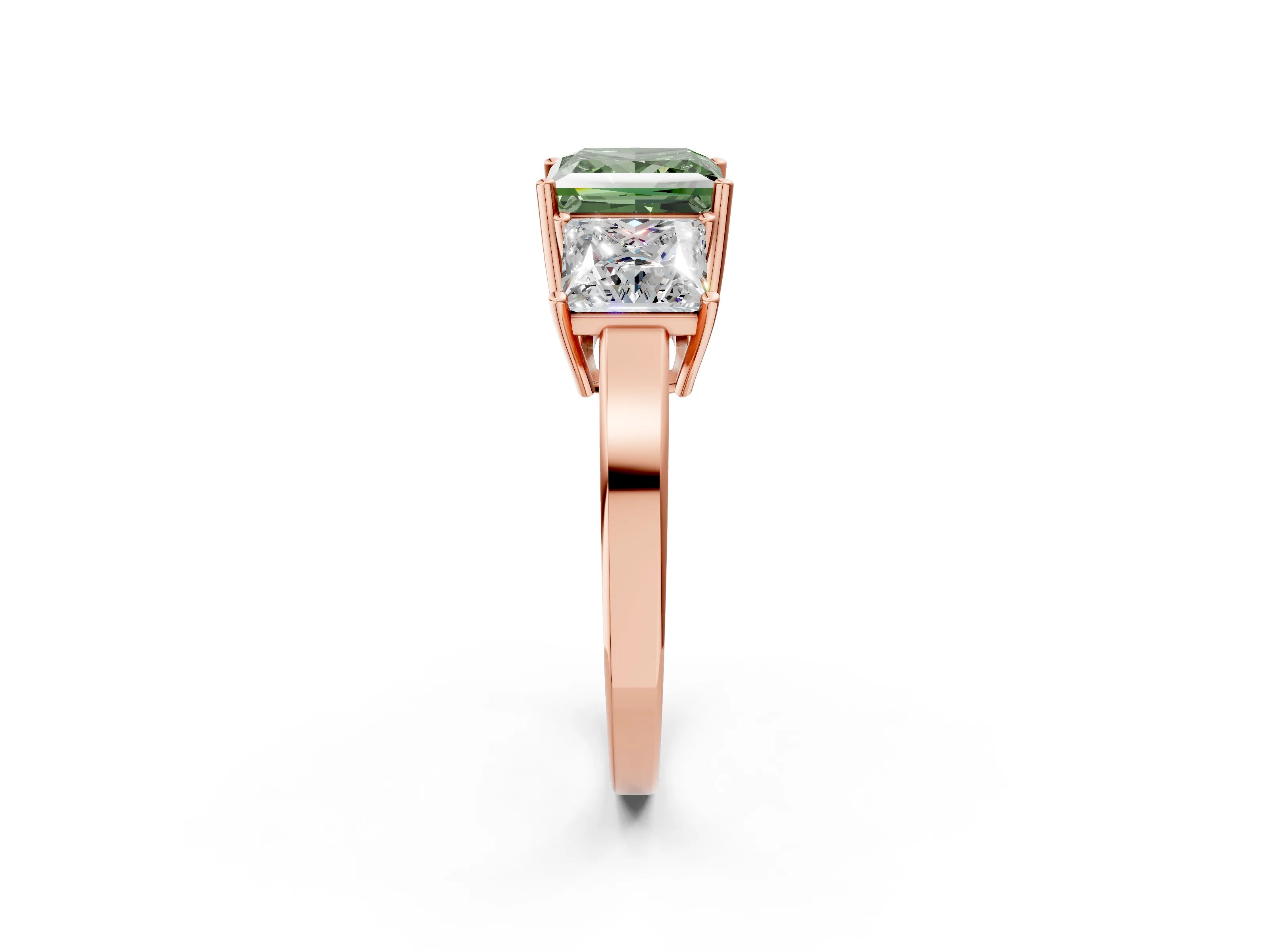Rose gold Three-Stone Fancy Green Princess Cut Cut Diamond Engagement Ring with Flat Band and Four-Prong Setting_2