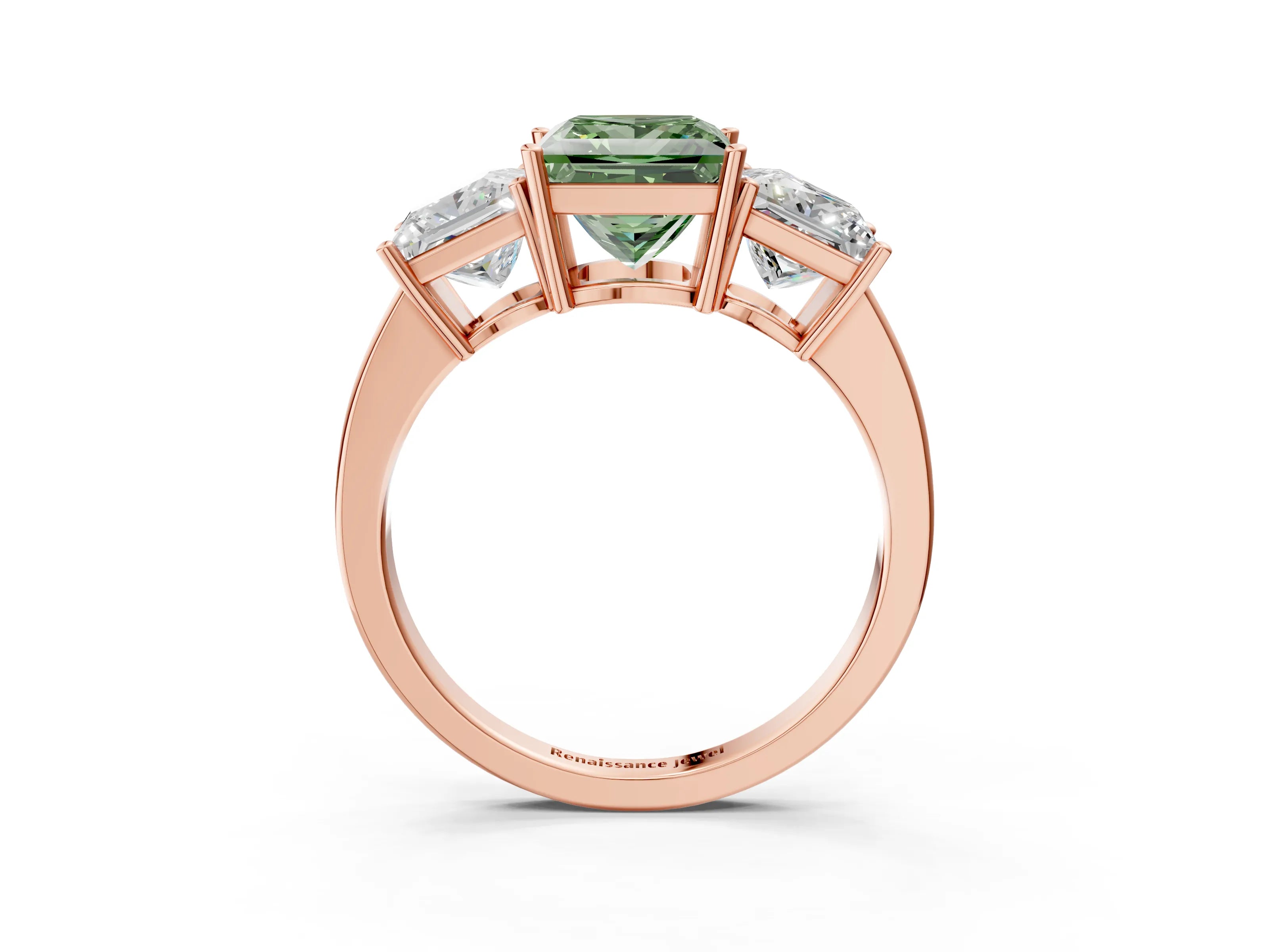 Rose gold Three-Stone Fancy Green Princess Cut Cut Diamond Engagement Ring with Flat Band and Four-Prong Setting_3