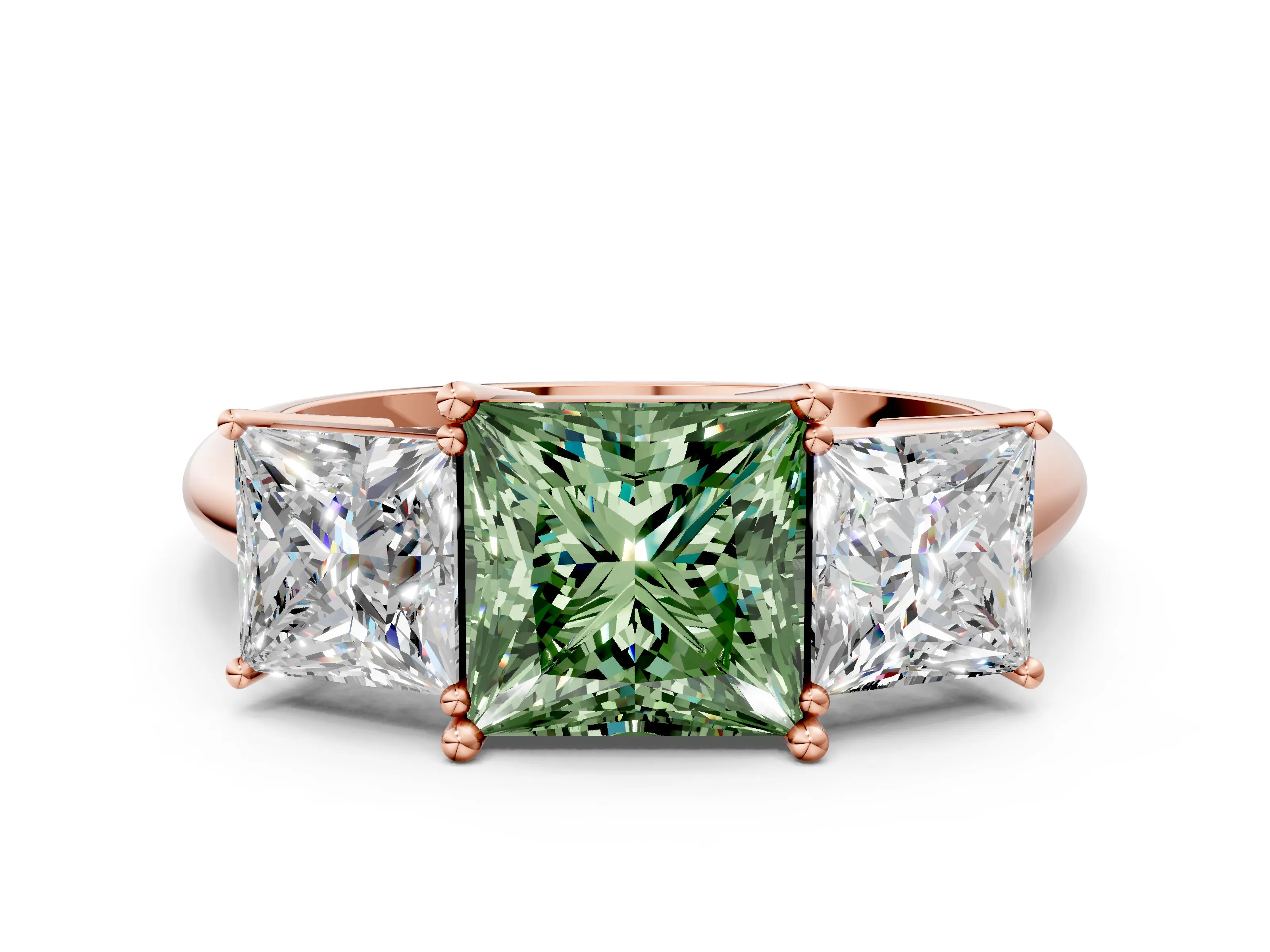Rose gold Three-Stone Fancy Green Princess Cut Cut Diamond Engagement Ring with Prong Setting on a White Gold Band