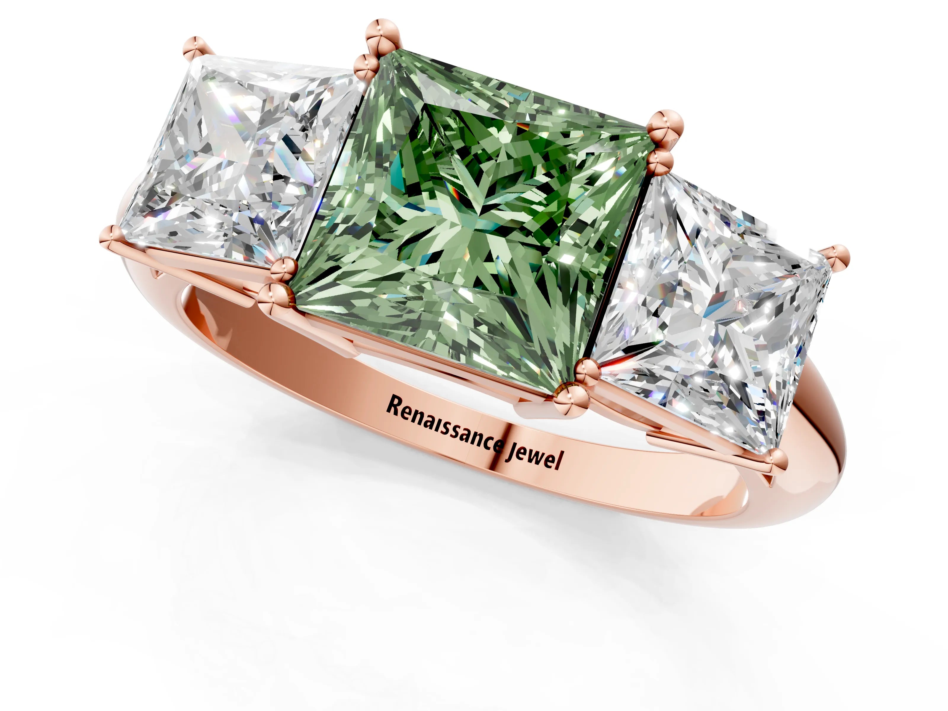 Rose gold Three-Stone Fancy Green Princess Cut Cut Diamond Engagement Ring with Prong Setting on a White Gold Band_1