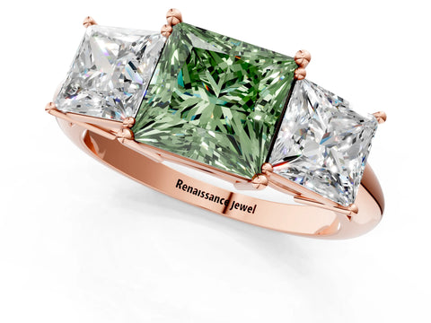 Rose gold Three-Stone Fancy Green Princess Cut Cut Diamond Engagement Ring with Prong Setting on a White Gold Band_1