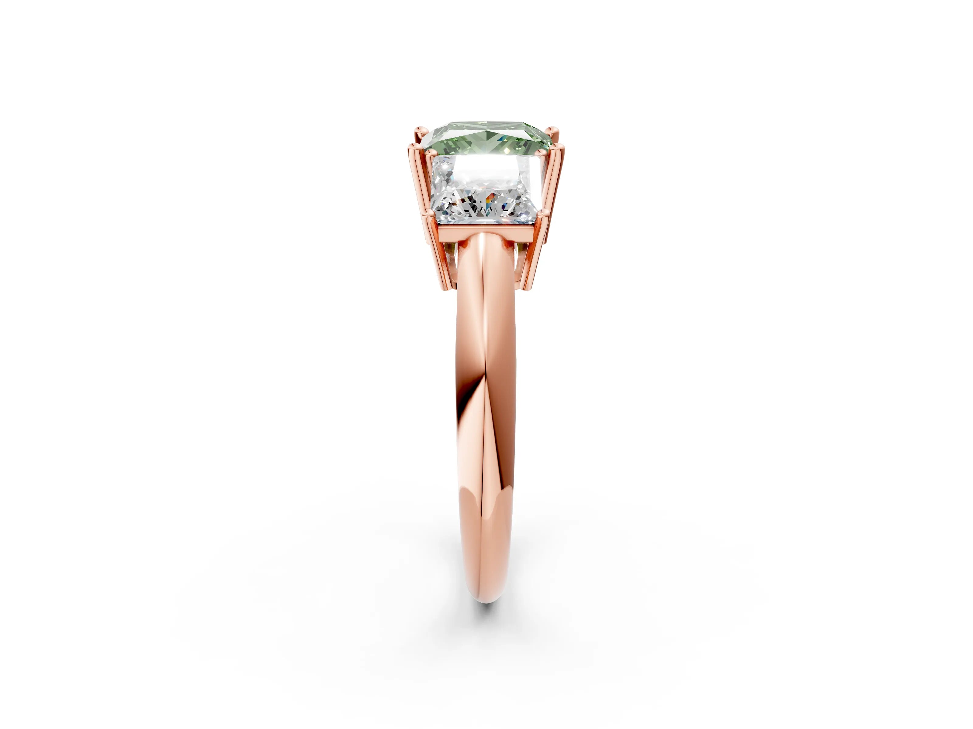 Rose gold Three-Stone Fancy Green Princess Cut Cut Diamond Engagement Ring with Prong Setting on a White Gold Band_2