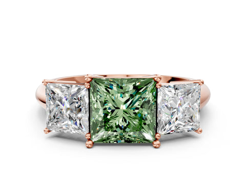 Rose gold Three-Stone Fancy Green Princess Cut Cut Diamond Engagement Ring with Prong Setting on a White Gold Band