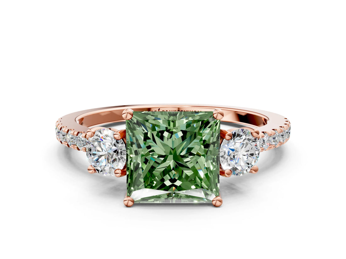Rose gold Three-Stone Fancy Green Princess Cut Cut Diamond Pavé Band with Prong Setting_15