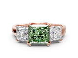 Rose gold Three-Stone Fancy Green Princess Cut Cut Diamond Ring with Channel Set Band and Four-Prong Setting