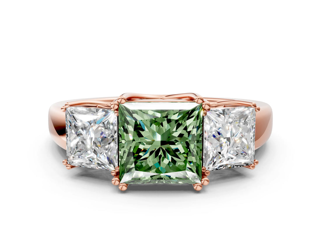 Rose gold Three-Stone Fancy Green Princess Cut Cut Diamond Ring with Channel Set Band and Four-Prong Setting_24