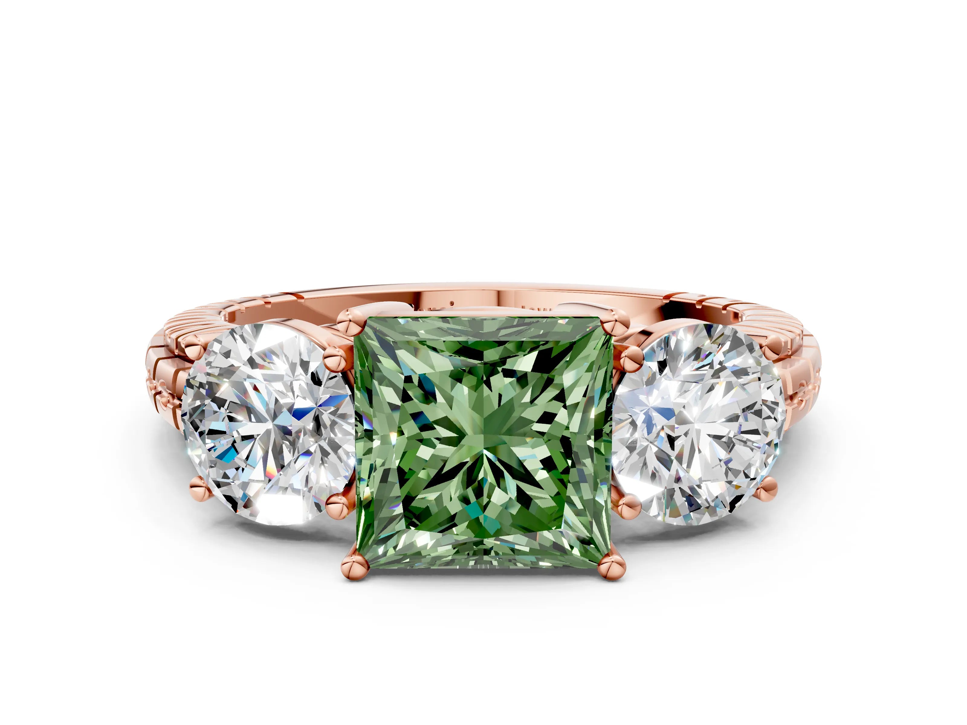 Rose gold Three-Stone Fancy Green Princess Cut Cut Diamond Ring with Channel-Set Band and Prong Setting