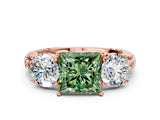 Rose gold Three-Stone Fancy Green Princess Cut Cut Diamond Ring with Channel-Set Band and Prong Setting