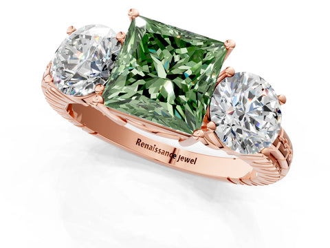 Rose gold Three-Stone Fancy Green Princess Cut Cut Diamond Ring with Channel-Set Band and Prong Setting_1