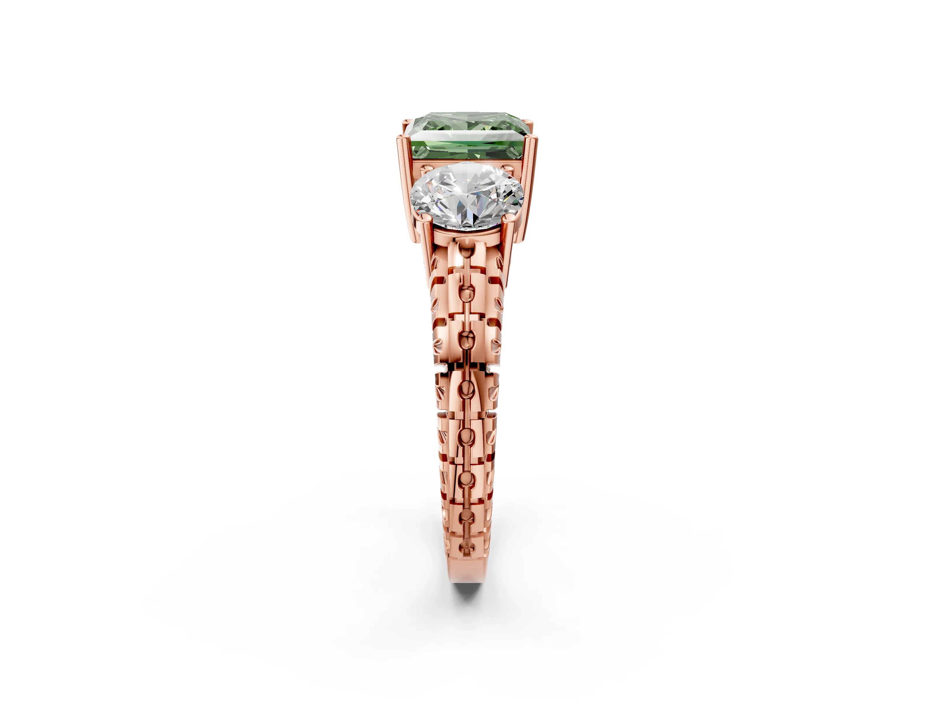 Rose gold Three-Stone Fancy Green Princess Cut Cut Diamond Ring with Channel-Set Band and Prong Setting_2