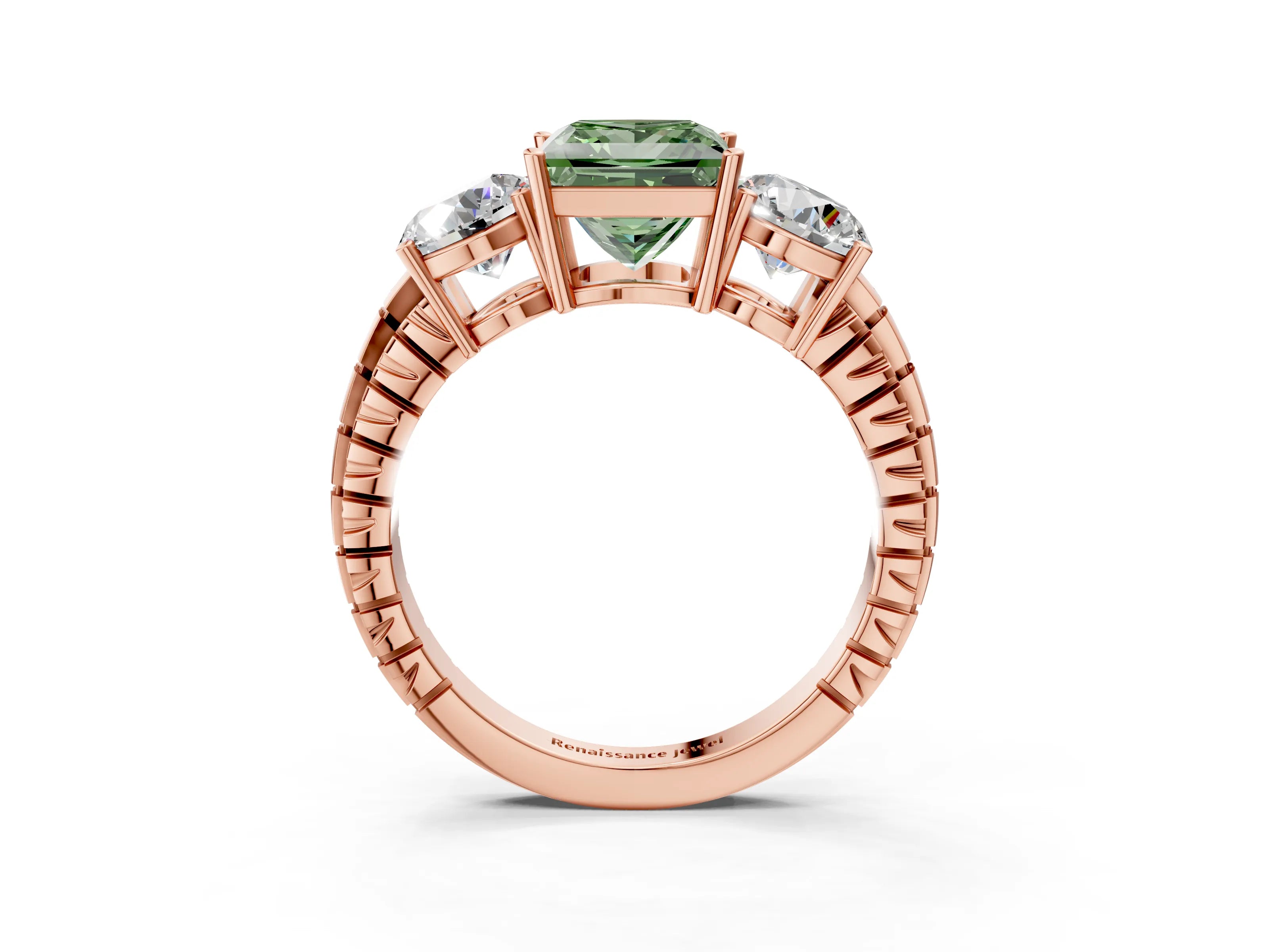 Rose gold Three-Stone Fancy Green Princess Cut Cut Diamond Ring with Channel-Set Band and Prong Setting_3