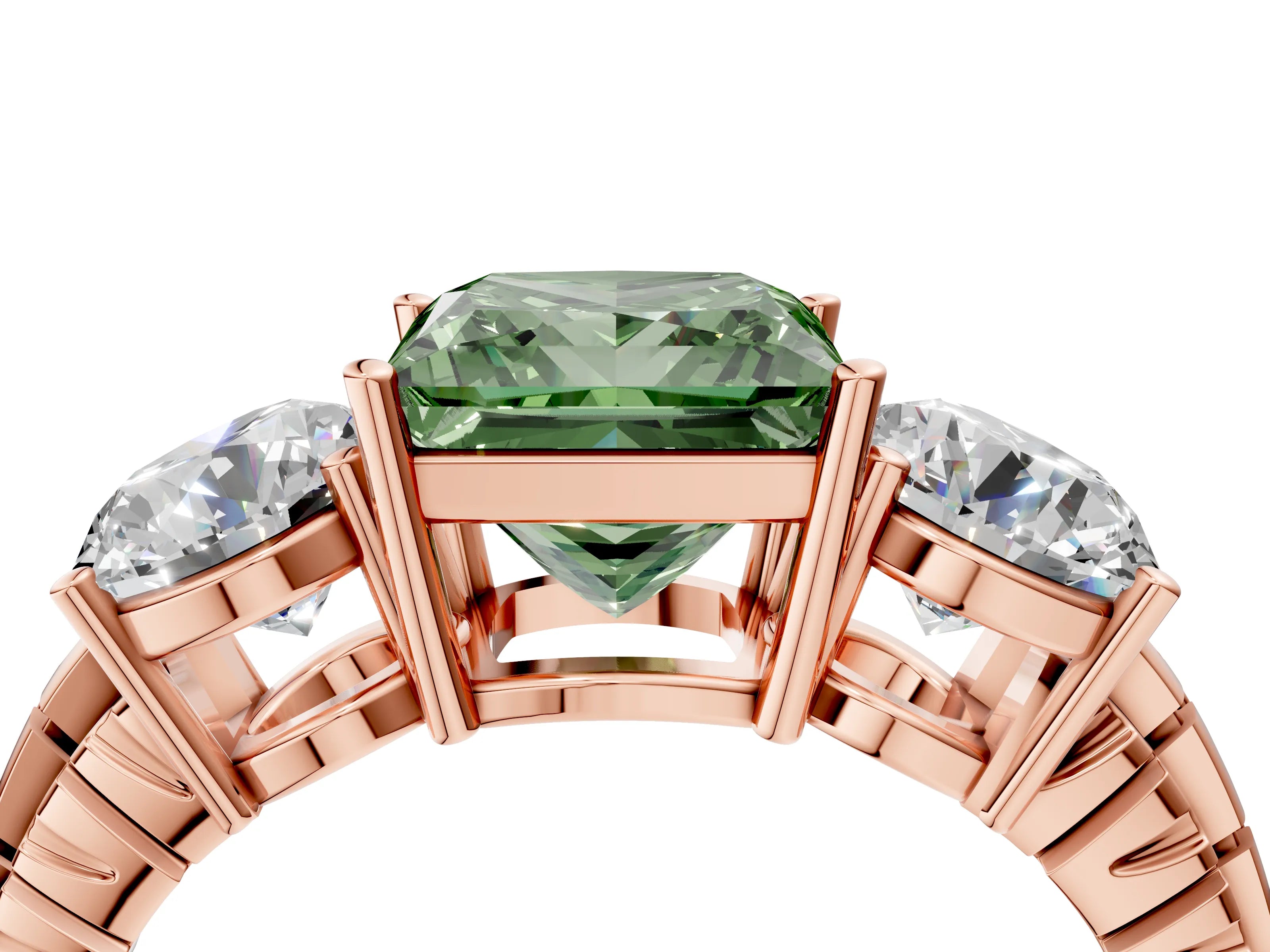 Rose gold Three-Stone Fancy Green Princess Cut Cut Diamond Ring with Channel-Set Band and Prong Setting_4