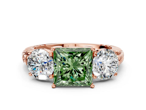 Rose gold Three-Stone Fancy Green Princess Cut Cut Diamond Ring with Channel-Set Band and Prong Setting