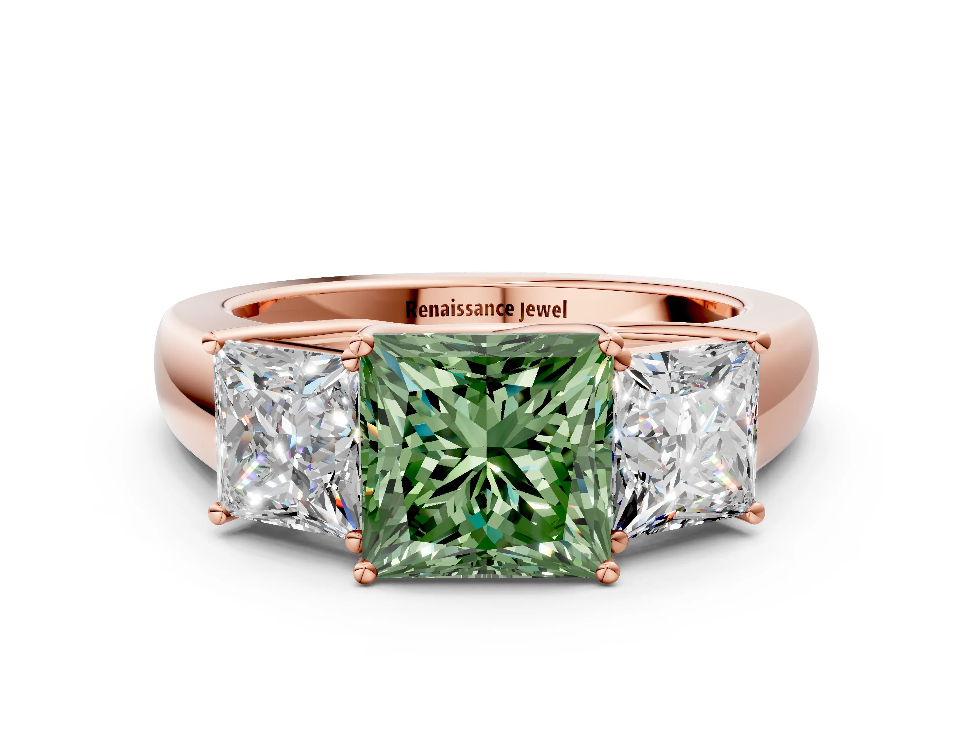 Rose gold Three-Stone Fancy Green Princess Cut Cut Diamond Ring with Prong Setting and Classic Band