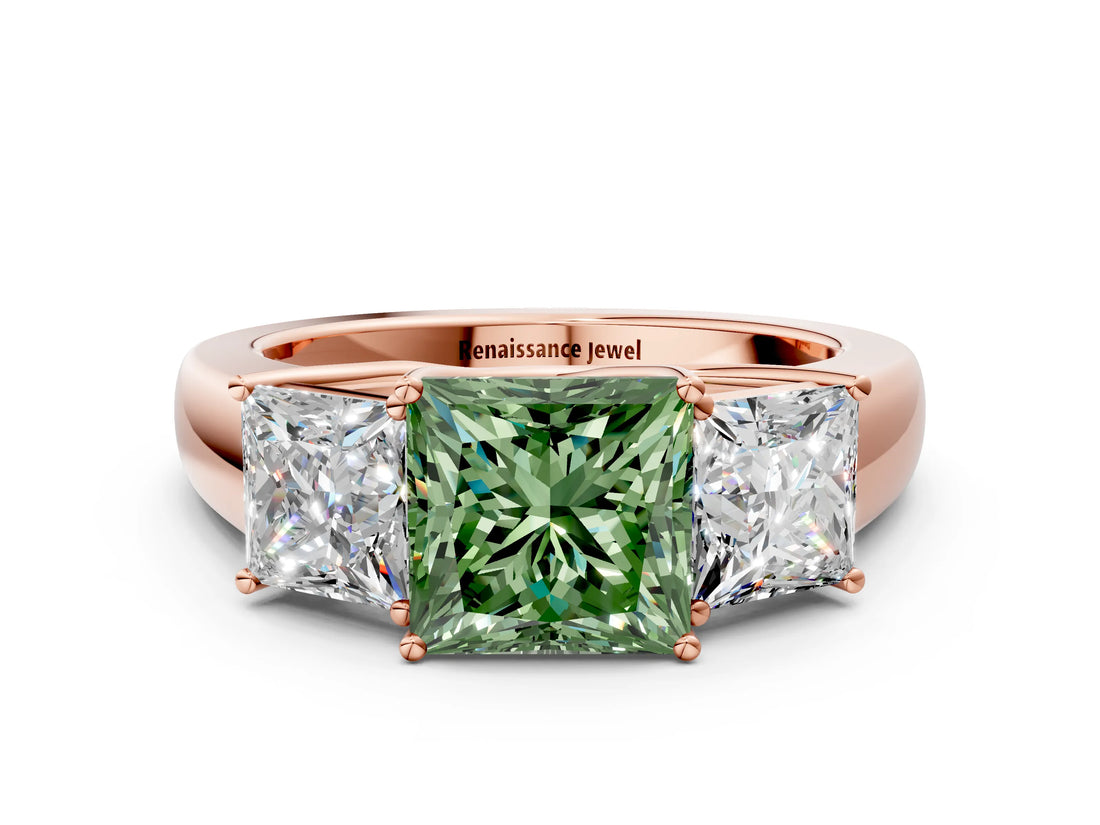 Rose gold Three-Stone Fancy Green Princess Cut Cut Diamond Ring with Prong Setting and Classic Band