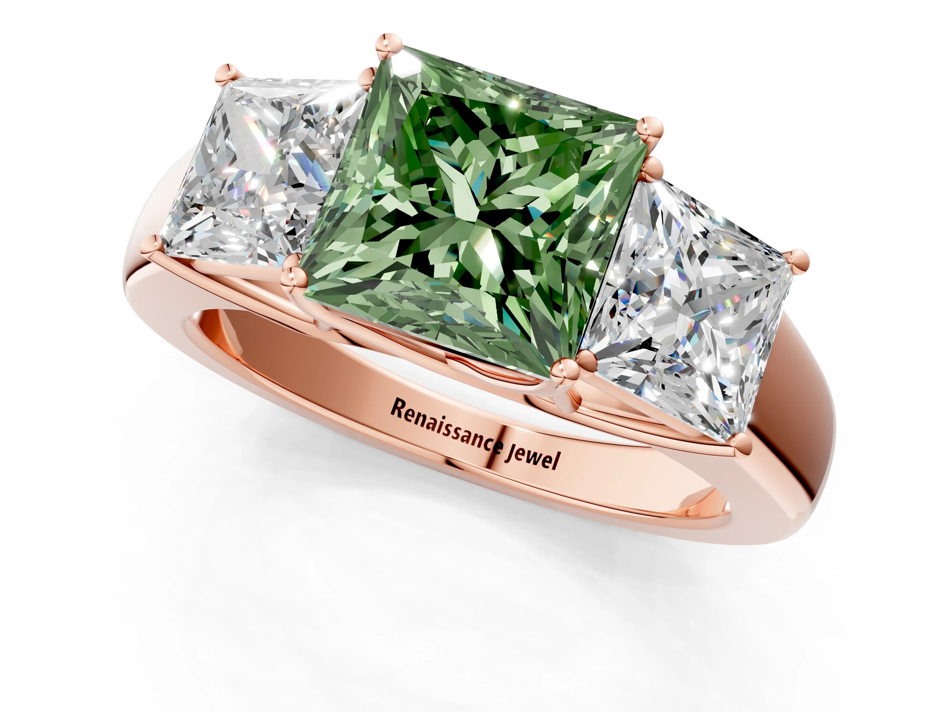 Rose gold Three-Stone Fancy Green Princess Cut Cut Diamond Ring with Prong Setting and Classic Band_1