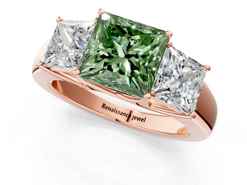 Rose gold Three-Stone Fancy Green Princess Cut Cut Diamond Ring with Prong Setting and Classic Band_1