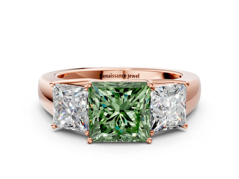 Rose gold Three-Stone Fancy Green Princess Cut Cut Diamond Ring with Prong Setting and Classic Band