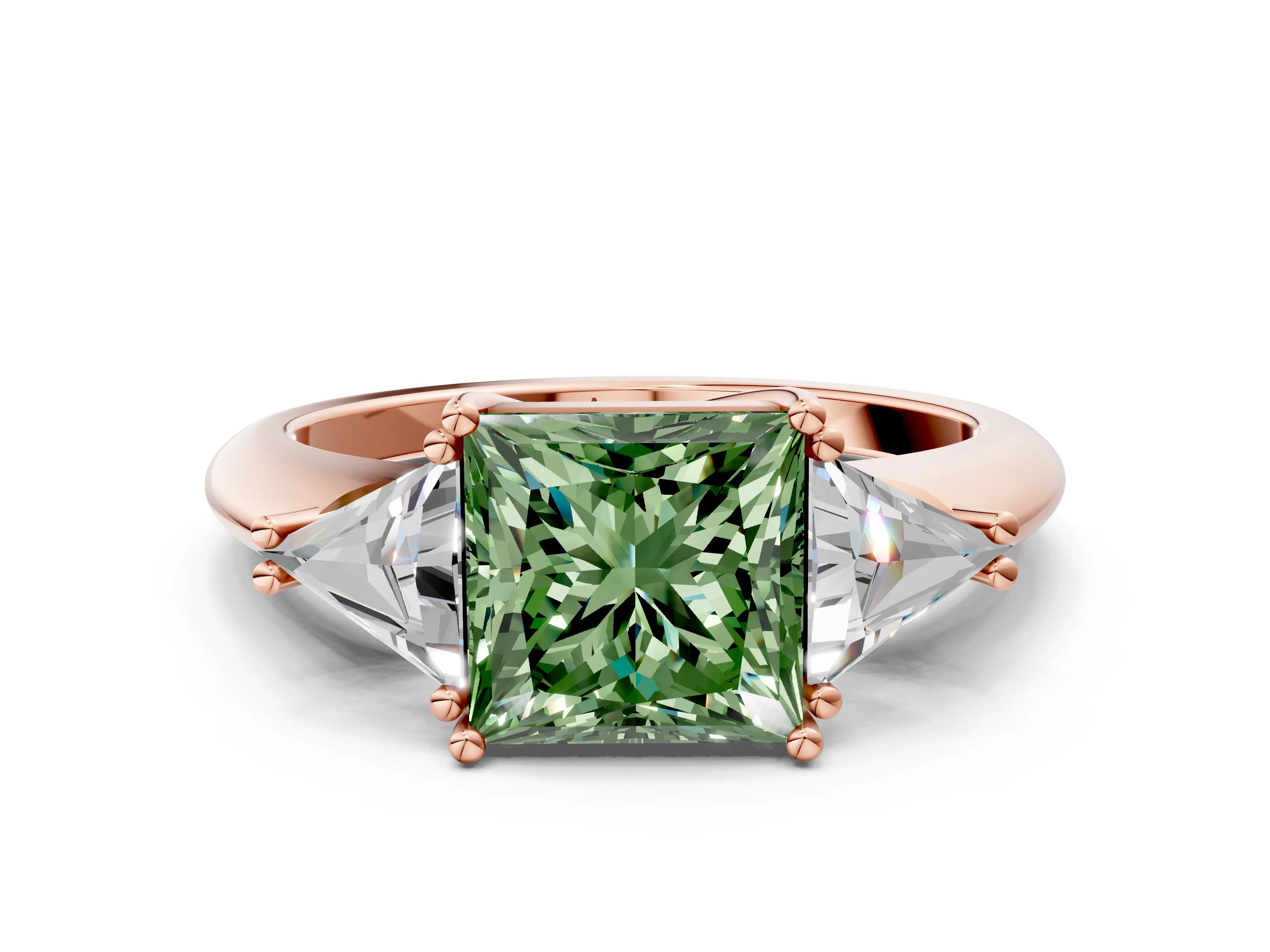 Rose gold Three-Stone Fancy Green Princess Cut Cut Diamond Ring with Trillion Side Stones and Four-Prong Setting_3