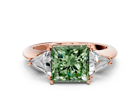 Rose gold Three-Stone Fancy Green Princess Cut Cut Diamond Ring with Trillion Side Stones and Four-Prong Setting_3