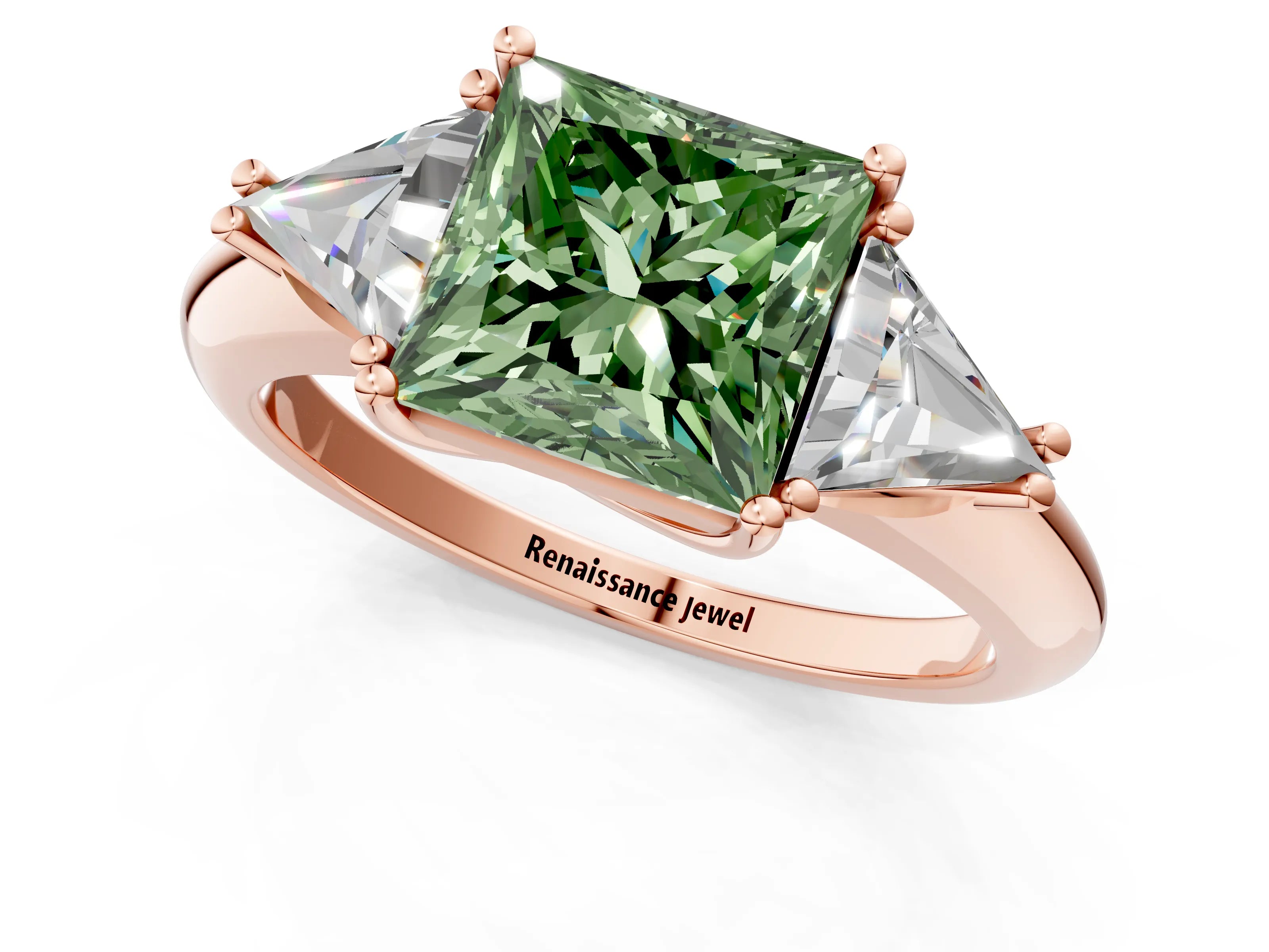 Rose gold Three-Stone Fancy Green Princess Cut Cut Diamond Ring with Trillion Side Stones and Four-Prong Setting_4
