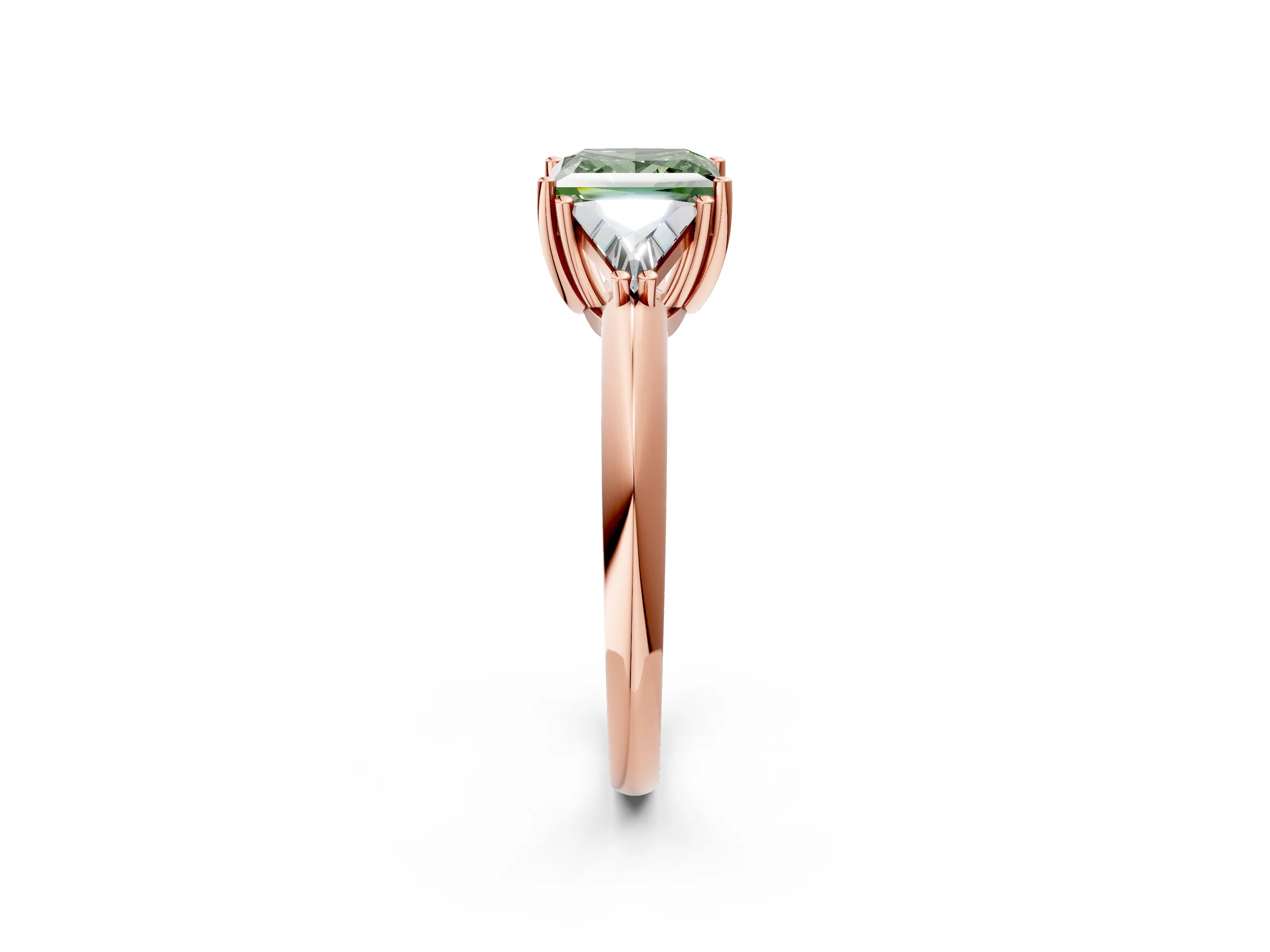 Rose gold Three-Stone Fancy Green Princess Cut Cut Diamond Ring with Trillion Side Stones and Four-Prong Setting_5