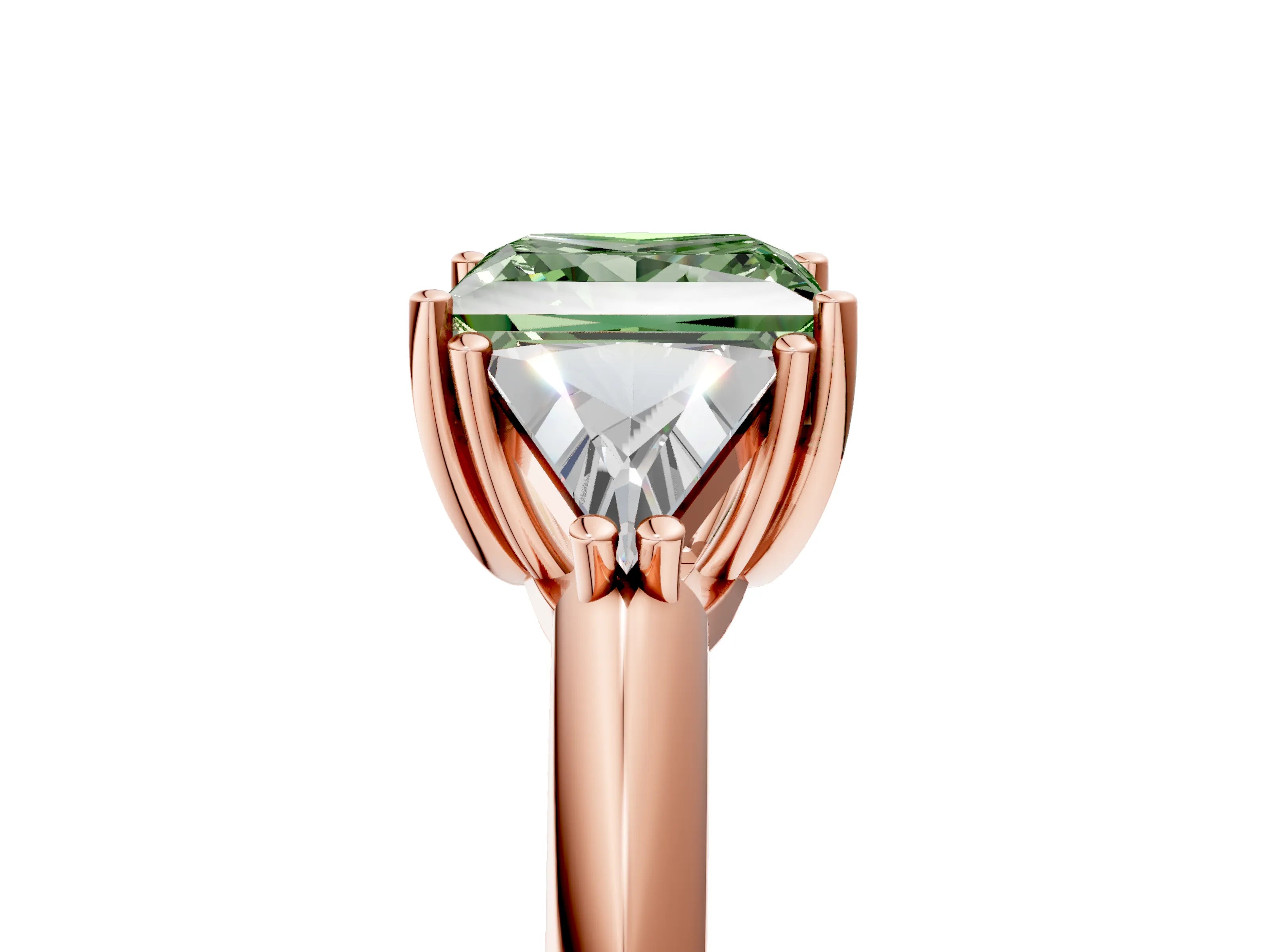 Rose gold Three-Stone Fancy Green Princess Cut Cut Diamond Ring with Trillion Side Stones and Four-Prong Setting_8