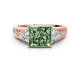 Rose gold Three-Stone Fancy Green Princess Cut Cut Diamond Ring with Trillion Side Stones on a Split Shank Band