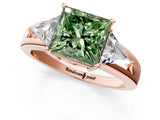 Rose gold Three-Stone Fancy Green Princess Cut Cut Diamond Ring with Trillion Side Stones on a Split Shank Band_1
