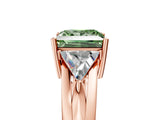 Rose gold Three-Stone Fancy Green Princess Cut Cut Diamond Ring with Trillion Side Stones on a Split Shank Band_5