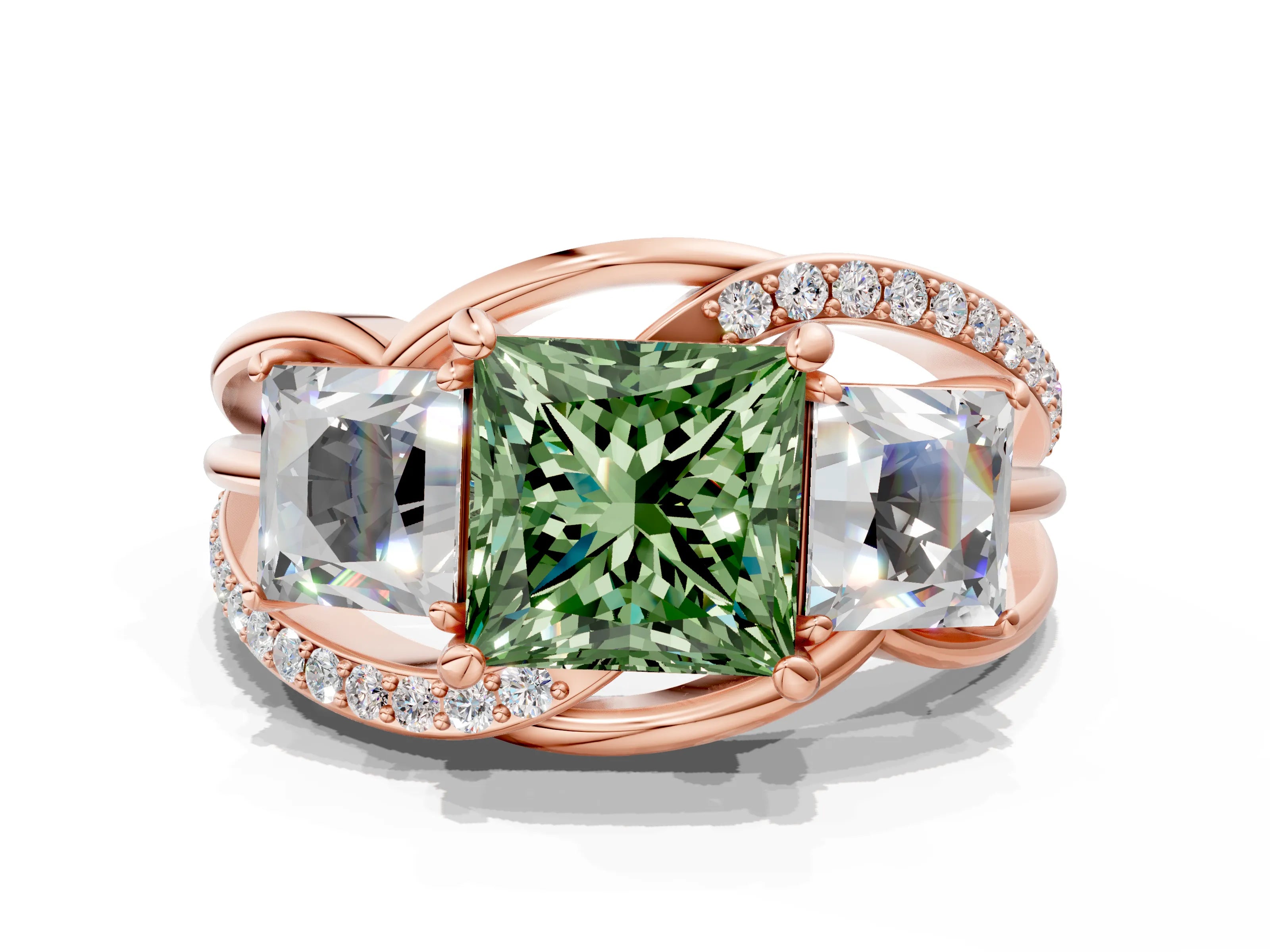 Rose gold Three-Stone Fancy Green Princess Cut Cut Diamond Split Shank Prong Set Ring