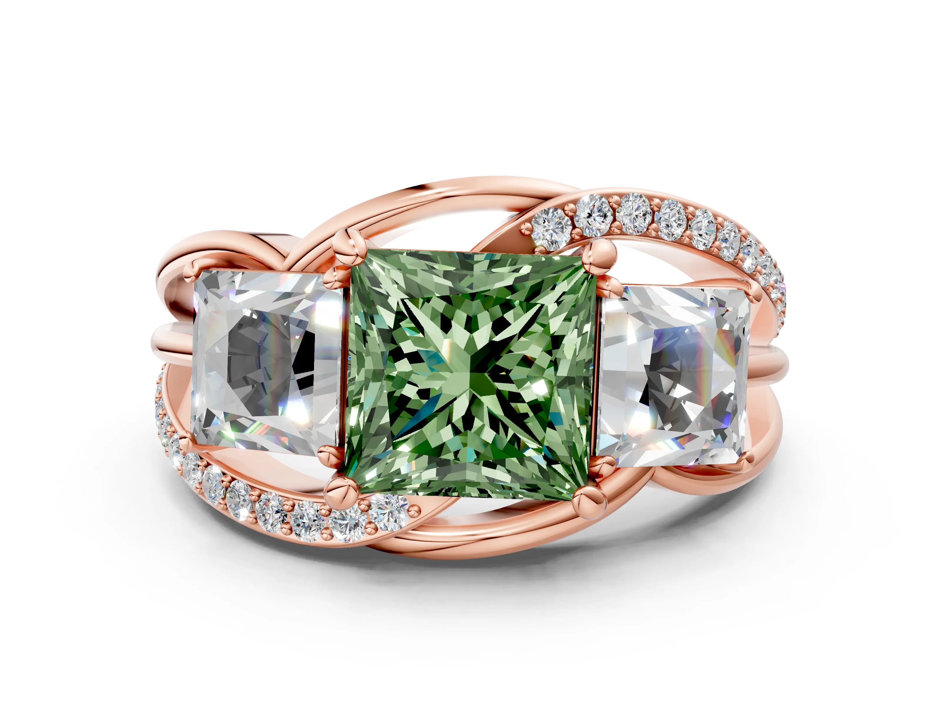 Rose gold Three-Stone Fancy Green Princess Cut Cut Diamond Split Shank Prong Set Ring_12