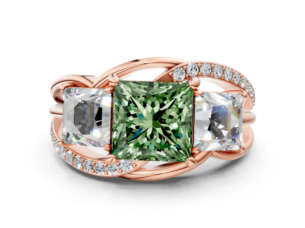 Rose gold Three-Stone Fancy Green Princess Cut Cut Diamond Split Shank Prong Set Ring