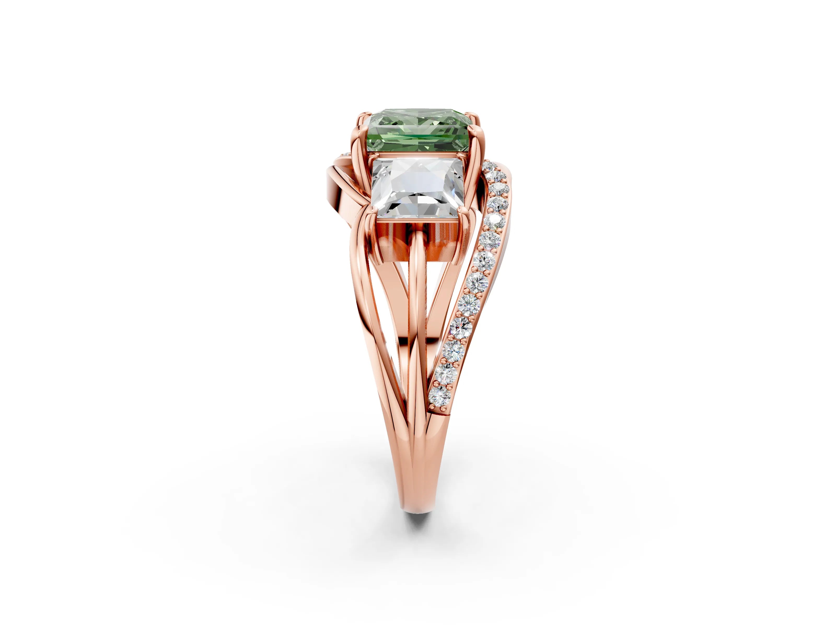 Rose gold Three-Stone Fancy Green Princess Cut Cut Diamond Split Shank Prong Set Ring_14