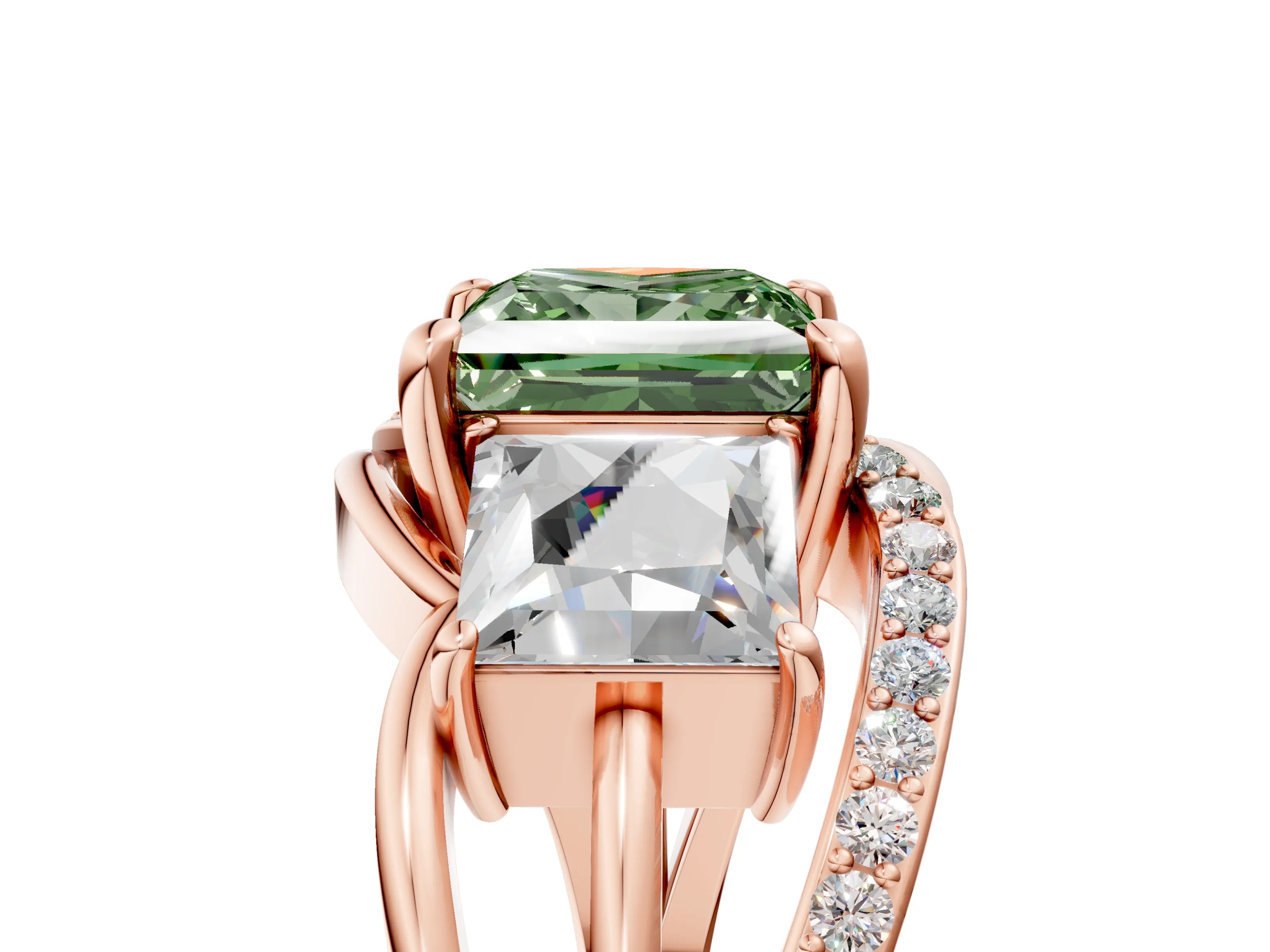 Rose gold Three-Stone Fancy Green Princess Cut Cut Diamond Split Shank Prong Set Ring_17