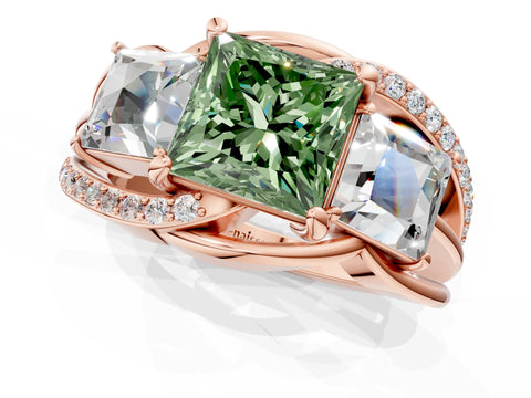 Rose gold Three-Stone Fancy Green Princess Cut Cut Diamond Split Shank Prong Set Ring_1